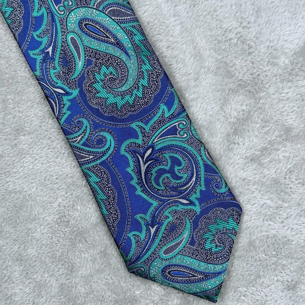 CANALI 1934 Blue Teal Paisley Woven Silk Tie Mens Vibrant Necktie Shiny Italy